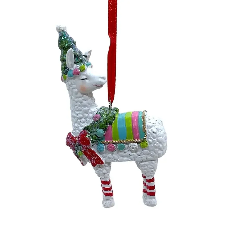 White‎ Llama Ornament -Colorful Blanket Christmas Tree Hat Rosy Cheeks